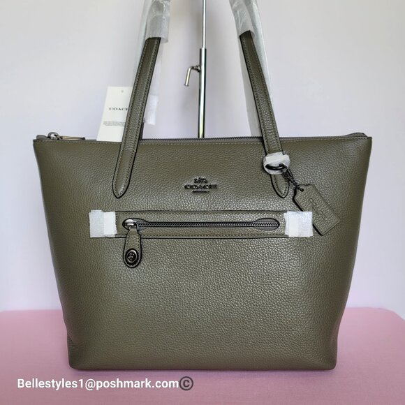 COACH Taylor Polished Pebbled Leather Large Tote- Army Green color ⭐ - Picture 1 of 16